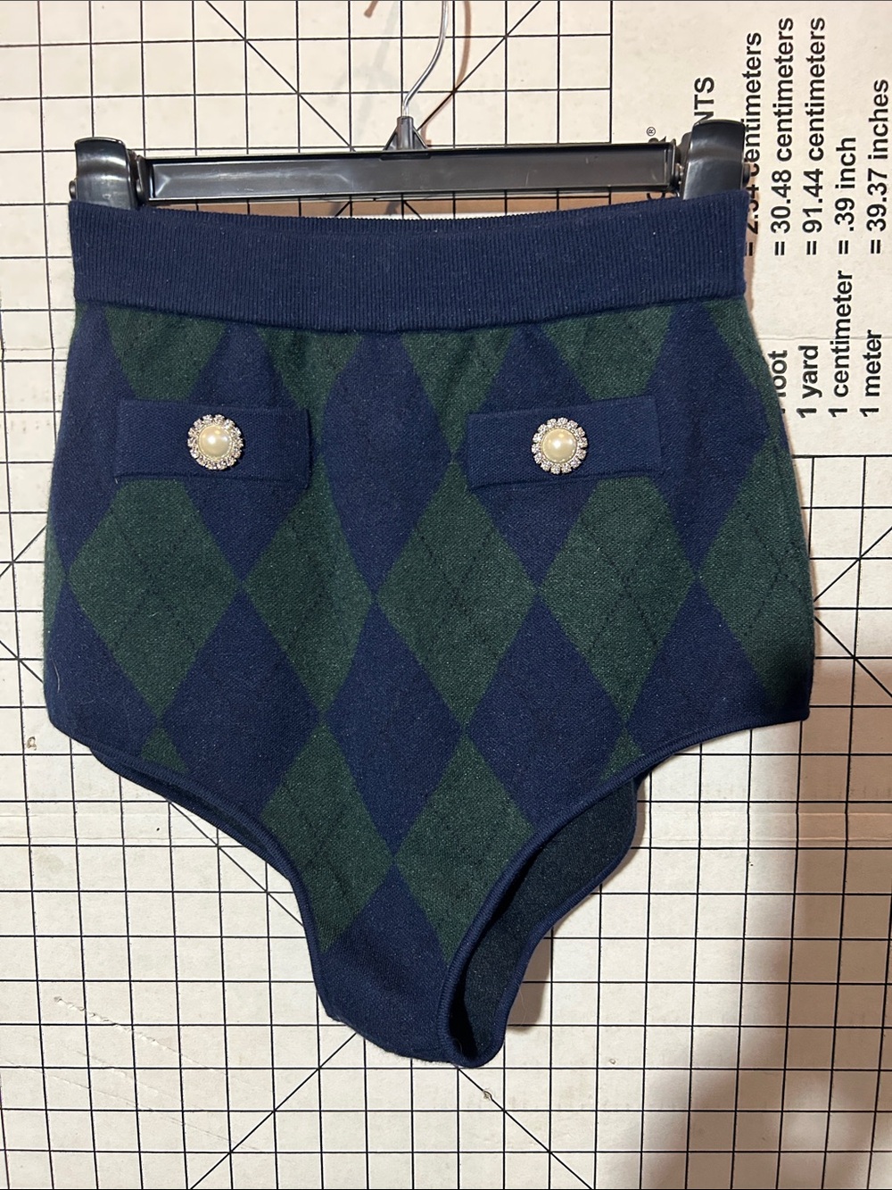 Alessandra Rich Navy and Forest Green Argyle Knit High-Waist Shorts